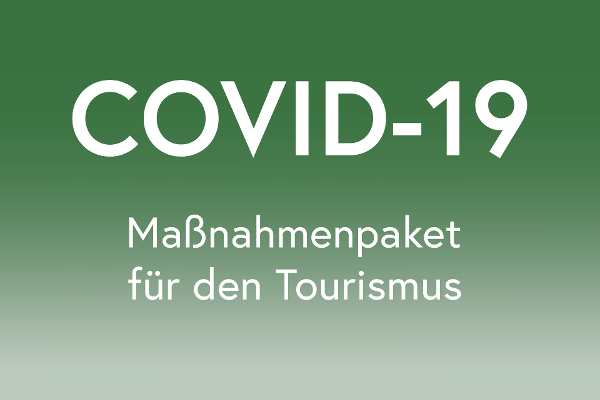 Grünes Icon mit Schriftzug COVID 19 Maßnahmenpaket für den Tourismus