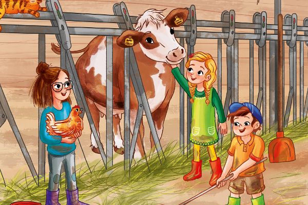 Illustration: Kinder im Stall neben einer Kuh