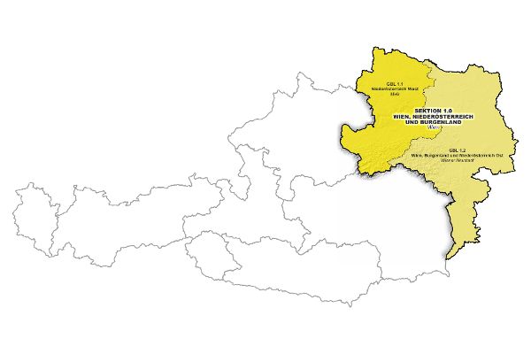 Österreichkarte mit Markierung von Wien, Niederösterreich, Burgenland der Wildbach- und Lawinenverbauung