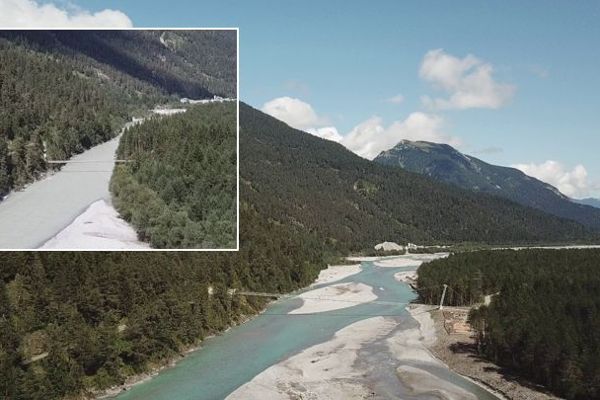 Bild in Bild als Vergleich Fluss Lech hat mehr Platz und kann sich ausbreiten