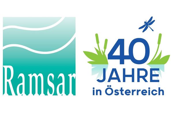 Logo Aufschrift links Ramsar, rechts 40 Jahre in Oesterreich