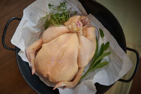 whole chicken ready to roast in a pan