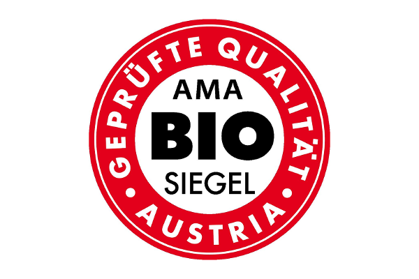 red-and-white label saying: AMA organic label, tested quality, Austria