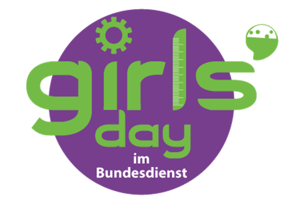Logo: Girls' Day im Bundesdienst mit Zahnrad- und Reagenzglas-Symbolen