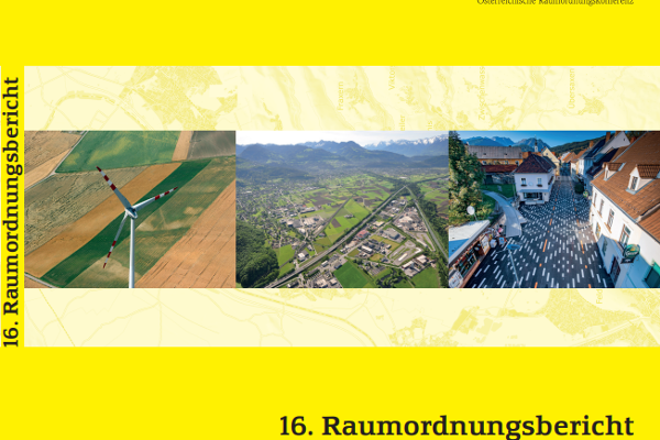 Ausschnitt des Covers beziehungsweise des Buchdeckels des 16. Raumordnungsberichtes mit dem Titel "16. Raumordnungsbericht. Analysen und Berichte zur räumlichen Entwicklung Österreichs 2018-2020". 