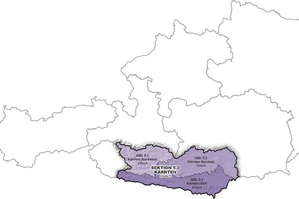 Österreichkarte mit Markierung von Kärnten der Wildbach- und Lawinenverbauung