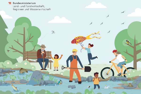 Eine Illustration zeigt verschiedene Flussbewohnende wie Fische, Vögel, Libellen, einen Frosch etc. sowie Kinder, die in und am Fluss mit einem Papierboot und Drachen spielen, Erwachsene nutzen den Fluss zum Radfahren und zur Erholung auf einer Bank