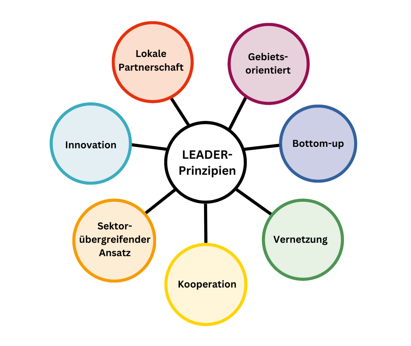 Grafische Darstellung der 7 LEADER-Prinzipien: Lokale Partnerschaft, Gebietsorientiert, Bottom-Up, Vernetzung, Kooperation, Sektorübergreifender Ansatz, Innovation 
