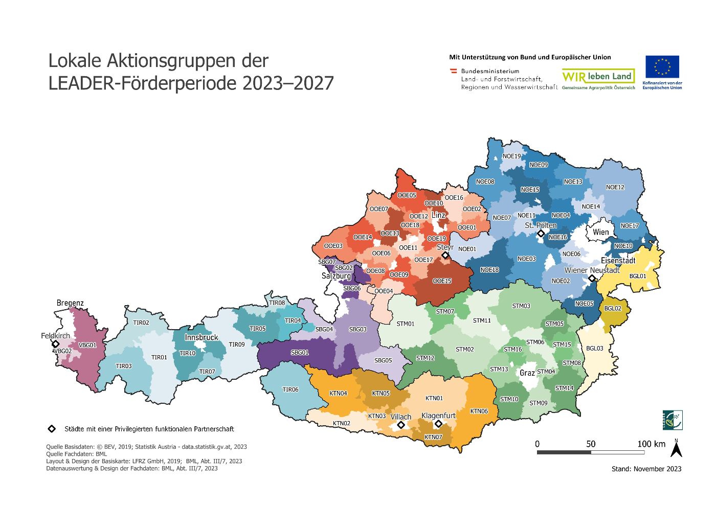 Die Karte zeigt alle LEADER-Regionen in Österreich inklusive den Städten, die Teil einer Privilegierte funktionalen Partnerschaft sind. 
