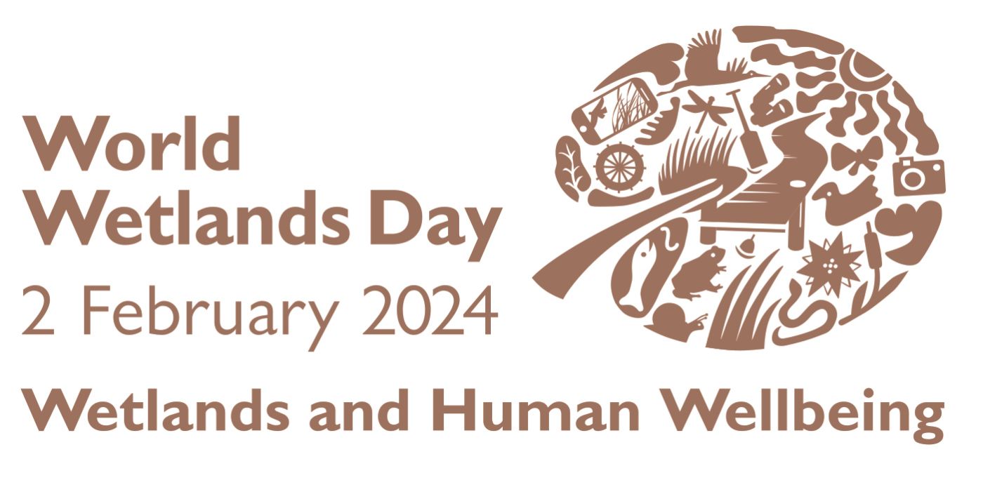Logo des Weltfeuchtgebietstages 2024 mit dem Motto "Feuchtgebiete und menschliches Wohlergehen"