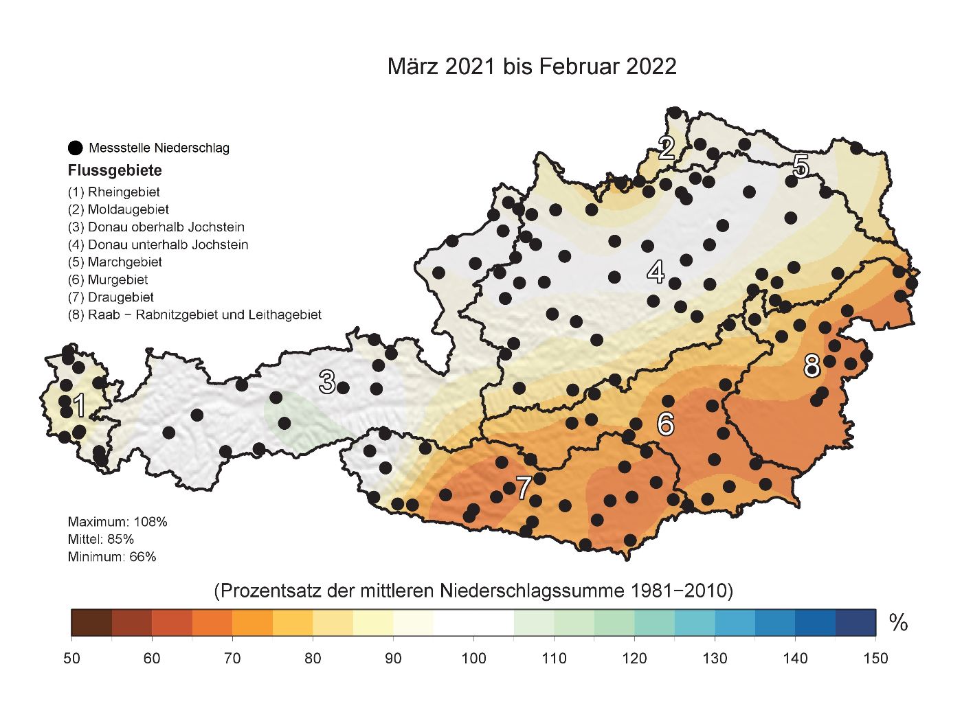 Niederschlagssumme der Periode März 2021 bis Februar 2022 als Prozentsatz des langjährigen Mittels der Periode März bis Februar (Vergleichszeitraum 1981-2010).