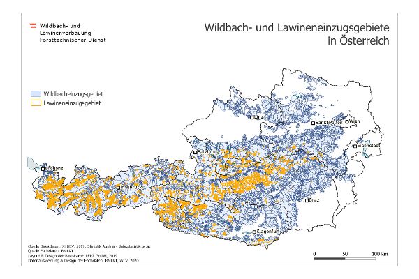 Österreichkarte der Wildbach- und Lawinen-Einzugsgebiete