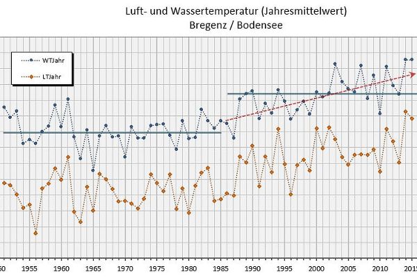 Grafik -  Luft- und Wassertemperatur am Bodensee 1951-2016