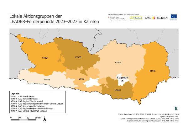 Karte der LEADER-Regionen in Kärnten.