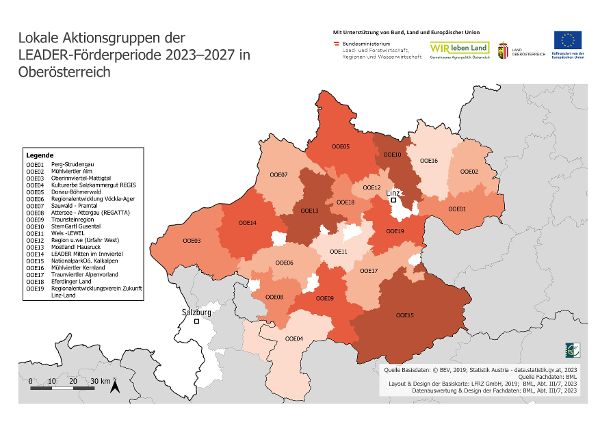 Karte der LEADER-Regionen in Oberösterreich.