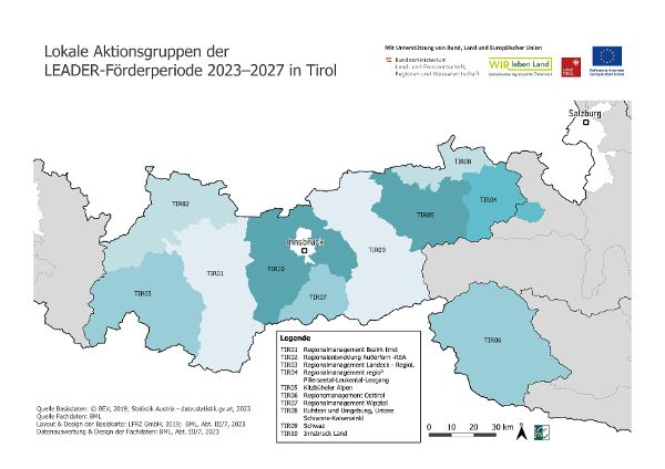 Karte der LEADER-Regionen in Tirol. 