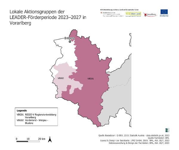 Karte der LEADER-Regionen in Vorarlberg. 
