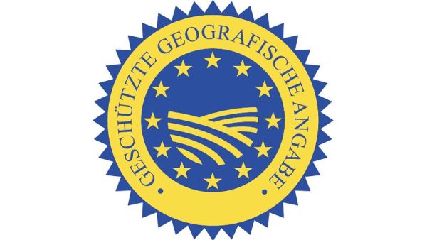 gelb-blaues Siegel mit Text: geschützte geografische Angabe
