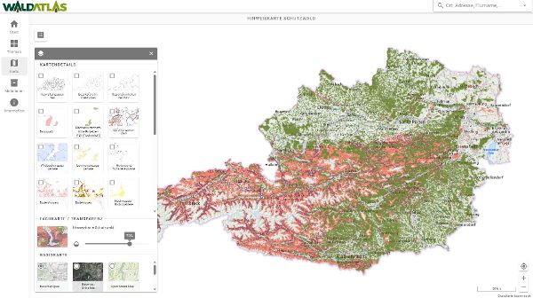 Geodatenplattform WALDATLAS - Hinweiskarte Schutzwald in Österreich mit Auswahl von GIS Überlagerungen