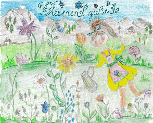 Gemälde von Katharina, 10 Jahre alt, aus dem BORG St. Johann. Man sieht ein Mädchen beim Blumen gießen in den Bergen.