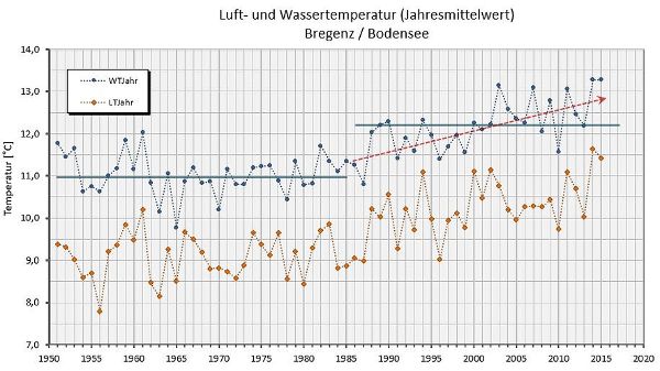 Grafik -  Luft- und Wassertemperatur am Bodensee 1951-2016