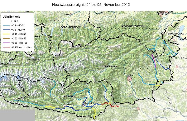 Übersichtkarte der Abfluss-Auftrittswahrscheinlichkeiten am 4./5.11.2012 