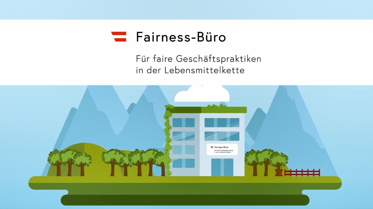 Gezeichnete Landschaft mit Logo Fairness-Büro und Text: Für faire Geschäftspraktiken in der Lebensmittelkette