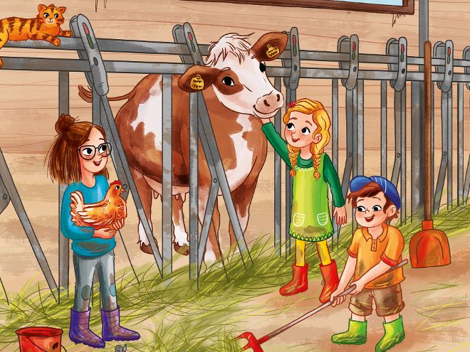Illustration: children in the stable standing next to a cow