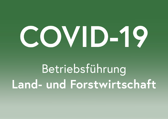 Grünes Icon mit Text COVID 19 Betriebsführung Land- und Forstwirtschaft
