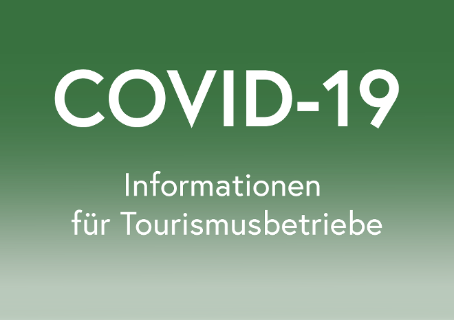 Grünes Icon mit Schriftzug COVID 19 Informationen für Tourismusbetriebe