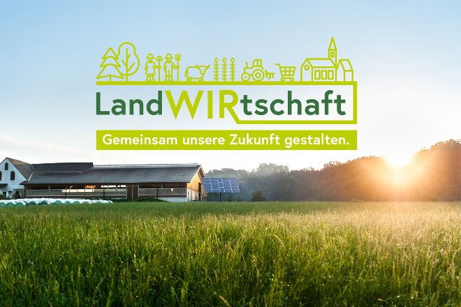 Bauernhof mit Logo: Landwirtschaft - Gemeinsam unsere Zukunft gestalten