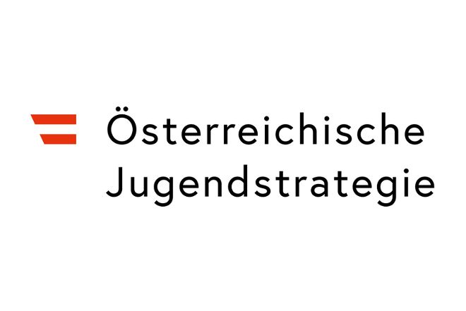 Logo mit kleiner österreichischer Flagge und Text Österreichische Jugendstrategie