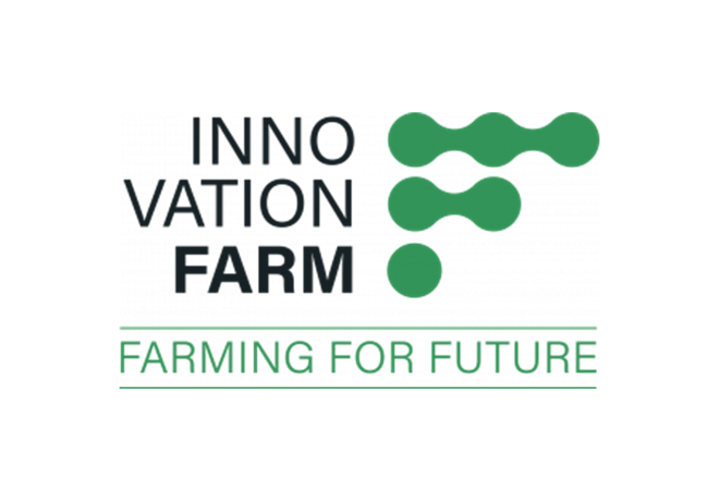 Logo der Innovation Farm mit grünen abstrakten Formen und dem Slogan: Farming for Future