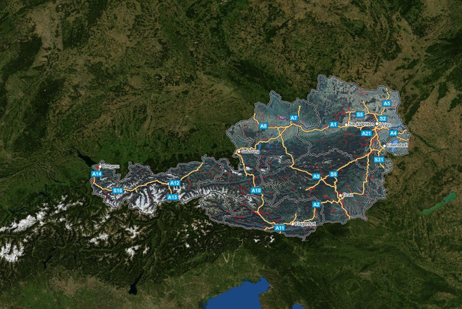 Österreichkarte mit eingezeichneten Hochwasserrisikozonen