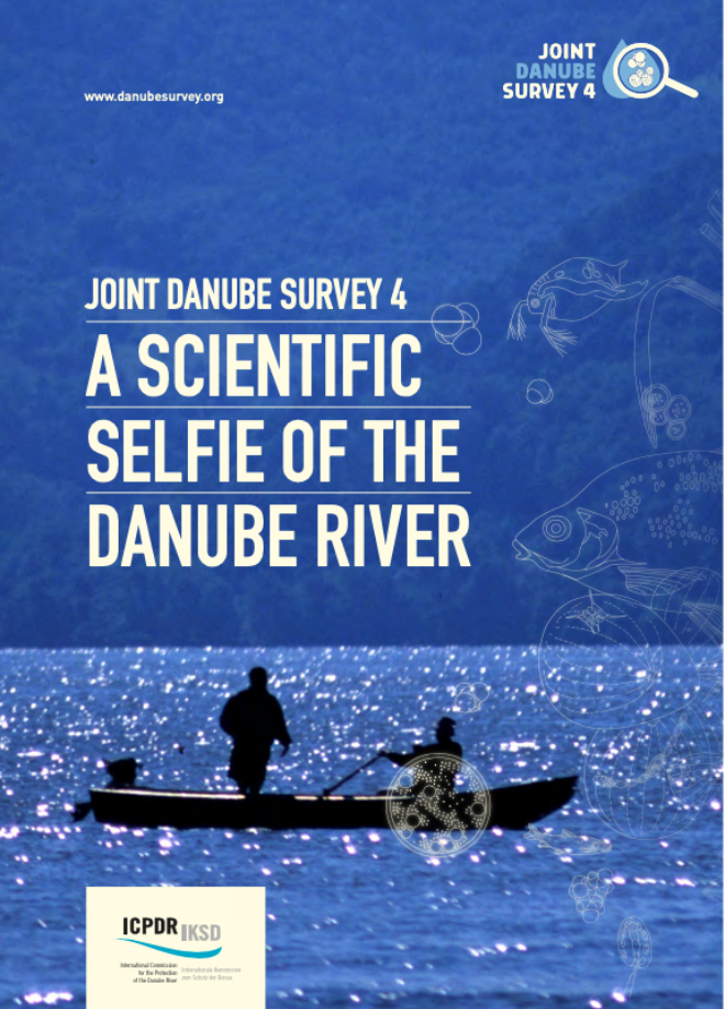 Titelblatt: Foto von der Donau mit Text: Joint Danube Survey 4 - a scientific selfie of the Danube River