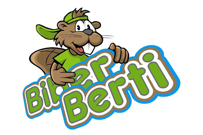 Comic-Illustration von einem Biber mit Kappe und dem Schriftzug Biber Berti