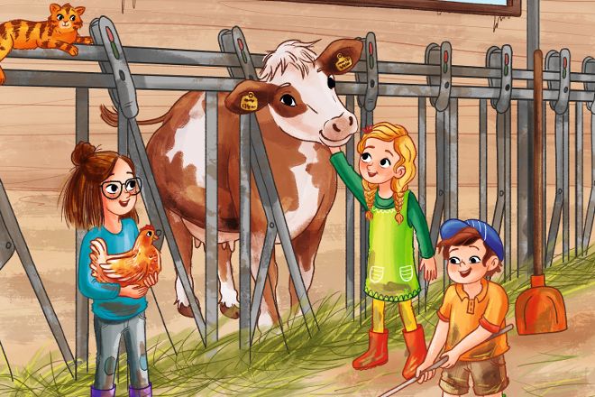 Drei Kinder im Stall vor einer Kuh