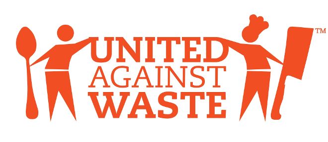 Schriftzug "United Against Waste" in orange, daneben zwei stilisierte Figuren mit Kochutensilien
