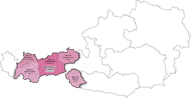 Österreichkarte mit Markierung von Tirol der Wildbach- und Lawinenverbauung