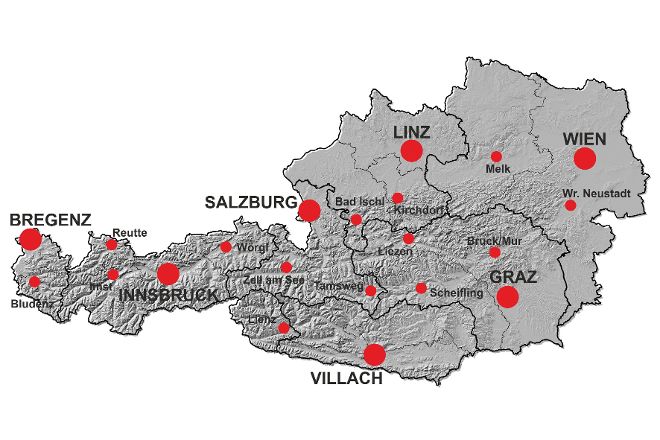 Österreichkarte mit Standorten der Wildbach- und Lawinenverbauung